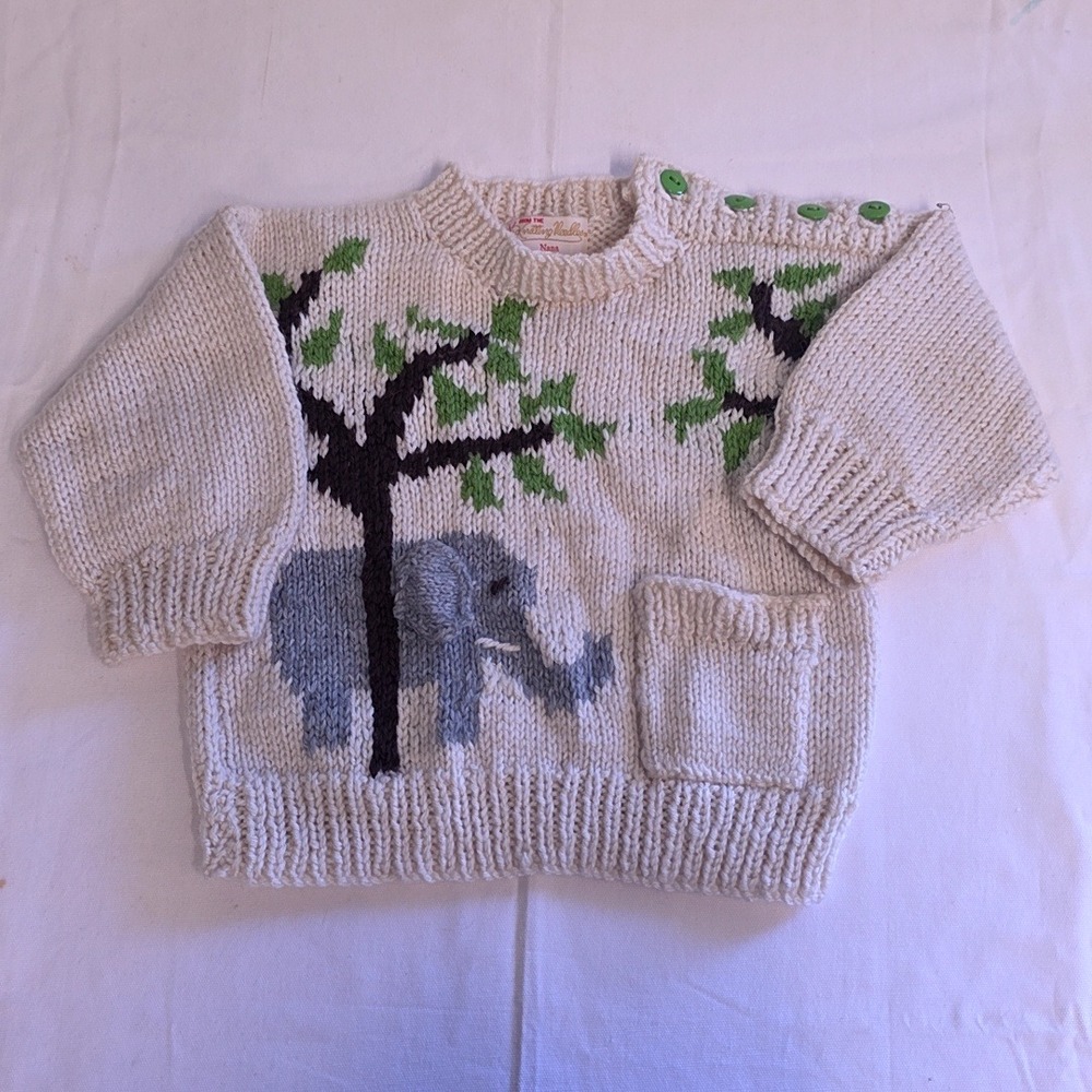 Knitting Needles of Nana Handmade Elephant Sweater Kids 2T Cream Chunky Knit